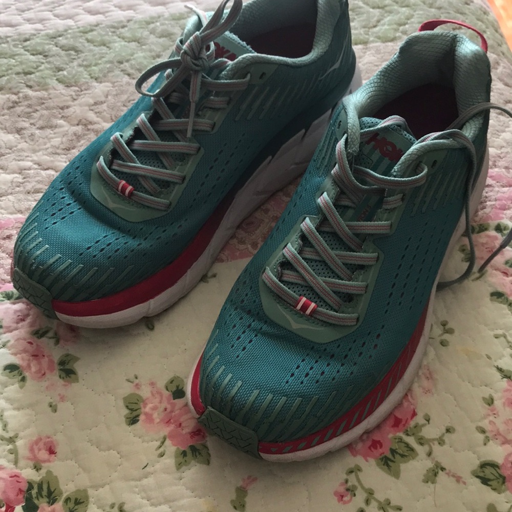 Hoka Teal and Red Athletic Shoes